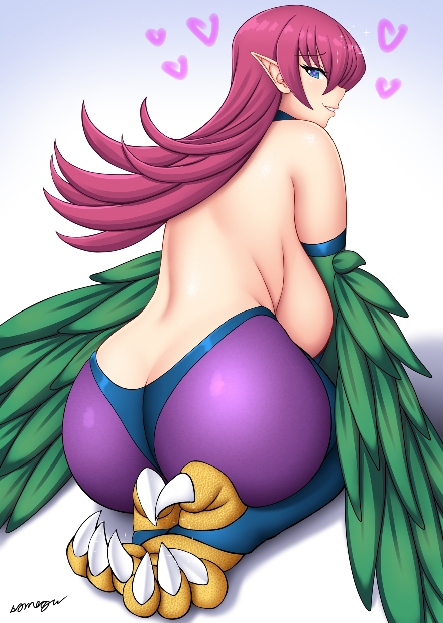 1girl artist_name ass back bare_shoulders black_thighhighs breasts commentary_request duel_monster feathered_wings feathers gradient_background green_feathers green_wings harpie_lady harpie_lady_1 harpy heart highres large_breasts long_hair looking_at_viewer looking_back monster_girl pantyhose parted_lips pointy_ears purple_pantyhose red_hair sideboob solo someguu stirrup_legwear talons thighhighs thighhighs_over_pantyhose toeless_legwear white_background winged_arms wings yu-gi-oh!