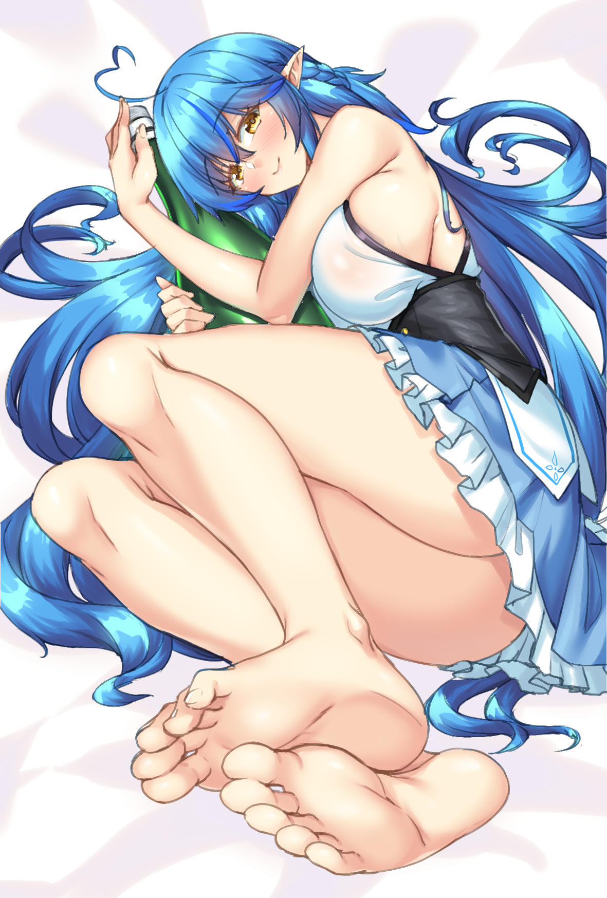 1girl ahoge armpit_crease ass bare_legs barefoot bed_sheet blue_dress blue_hair blush bottle braid breasts closed_mouth commentary_request corset crossed_bangs dress feet foreshortening french_braid frilled_dress frills hair_between_eyes hands_up heart heart_ahoge highres holding hololive large_breasts legs legs_together long_hair looking_at_viewer lying on_side pointy_ears sake_bottle shadow shirokuma_a sideboob sidelocks sleeveless sleeveless_dress smile soles solo thighs toenails toes two-tone_dress very_long_hair virtual_youtuber white_dress yellow_eyes yukihana_lamy yukihana_lamy_(1st_costume)