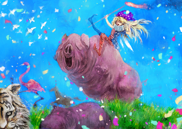 1girl animal bird blue_sky clownpiece flamingo grass hippopotamus holding holding_torch horse ikeda_ruriko painting_(medium) pig riding sky solo tiger torch touhou traditional_media