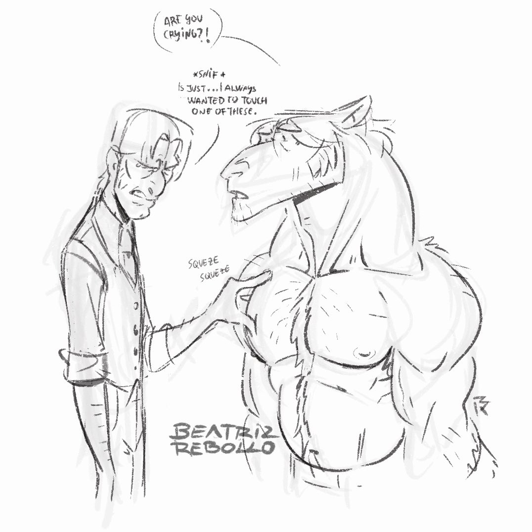 anthro beatriz_rebollo bodily_fluids canid canine crying human male male/male mammal muscular muscular_male pecs pecs_touching sketch skinny_male speech_bubble squish tears were werecanid werecanine werewolf