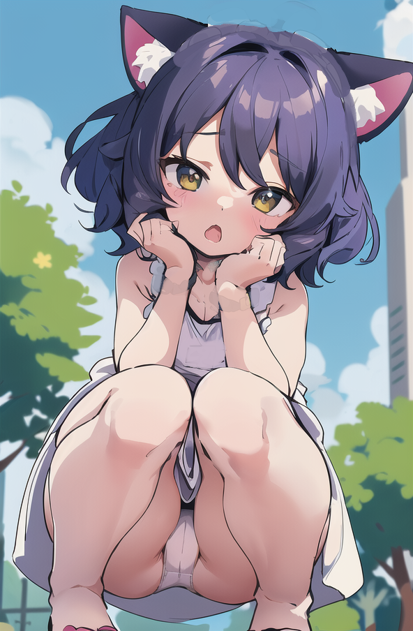1girl ai-generated animal_ears blush cat_ears cat_girl cat_tail cyan_(show_by_rock!!) dress looking_at_viewer open_mouth outdoors panties pantyshot solo squatting tail underwear white_dress yellow_eyes