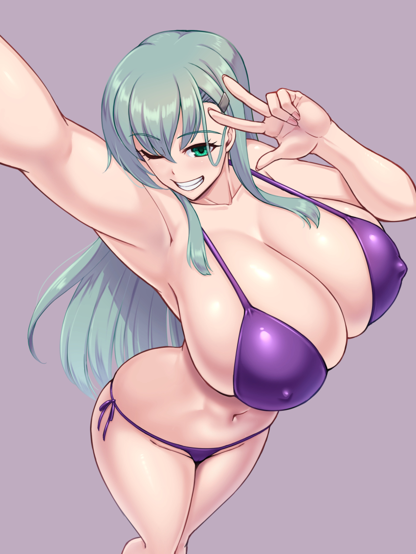 1girl aqua_eyes bad_anatomy bikini breasts collarbone covered_nipples green_eyes green_hair grin hair_ornament huge_breasts kantai_collection kawanuma_uotsuri long_hair navel one_eye_closed perspective purple_bikini selfie side-tie_bikini_bottom smile suzuya_(kancolle) swimsuit