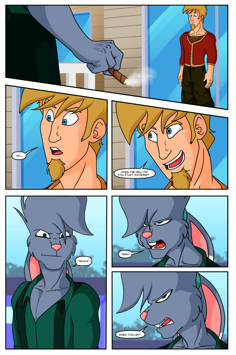 anthro blonde_hair blue_eyes chance_the_rabbit cigar clothing comic divine_acid ears_tied_back green_clothing hair hi_res human lagomorph leporid lordmarukio male mammal rabbit red_clothing red_topwear sad series smoking speech_bubble suspenders topwear