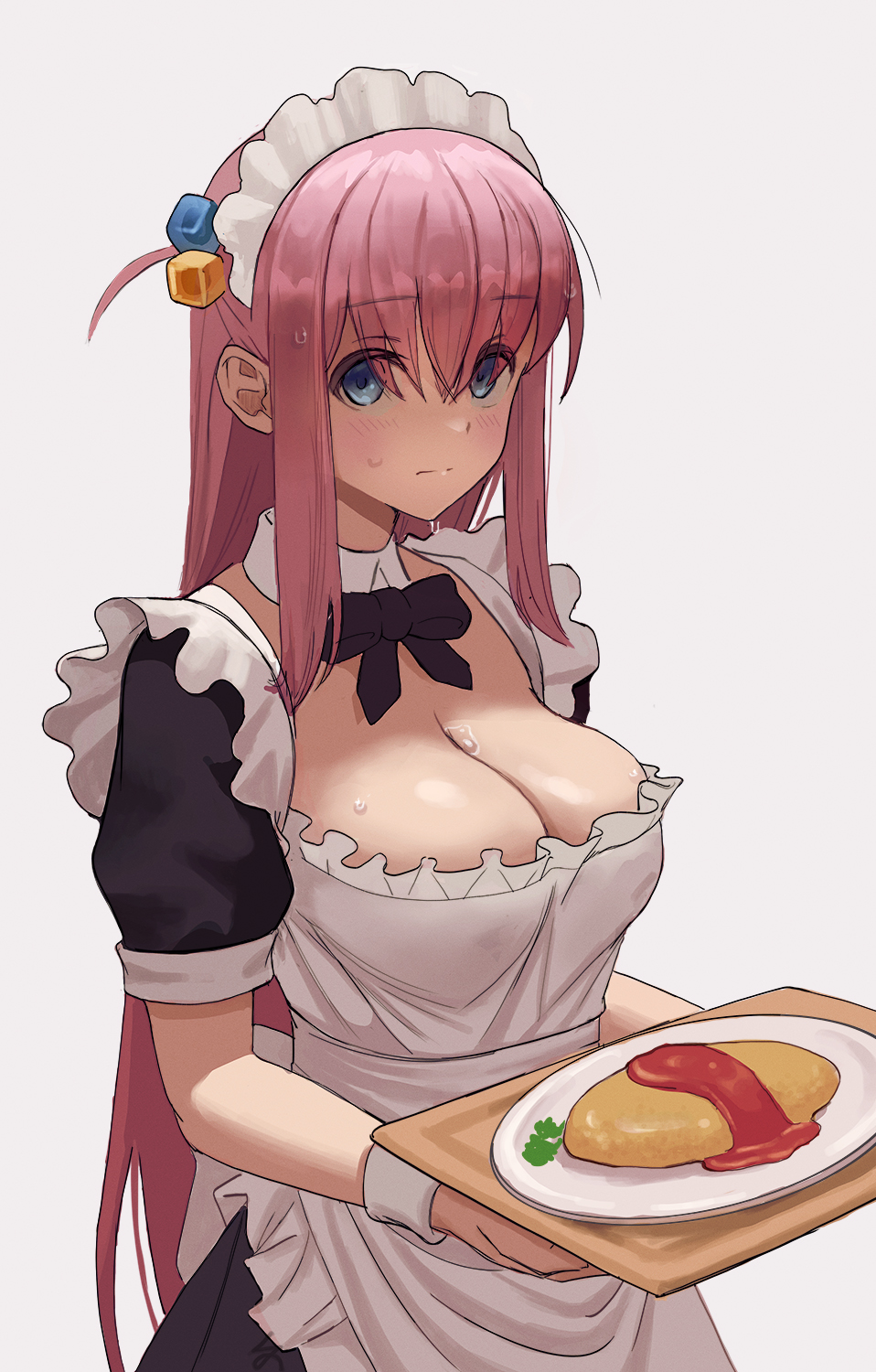 1girl apron black_bow blue_eyes bocchi_the_rock! bow breasts cleavage closed_mouth cube_hair_ornament detached_collar food frilled_apron frills gotou_hitori hair_ornament highres holding holding_plate ketchup large_breasts looking_at_viewer maid maid_headdress official_alternate_costume omelet omurice plate revision short_sleeves simple_background solo sweat white_background zefrableu