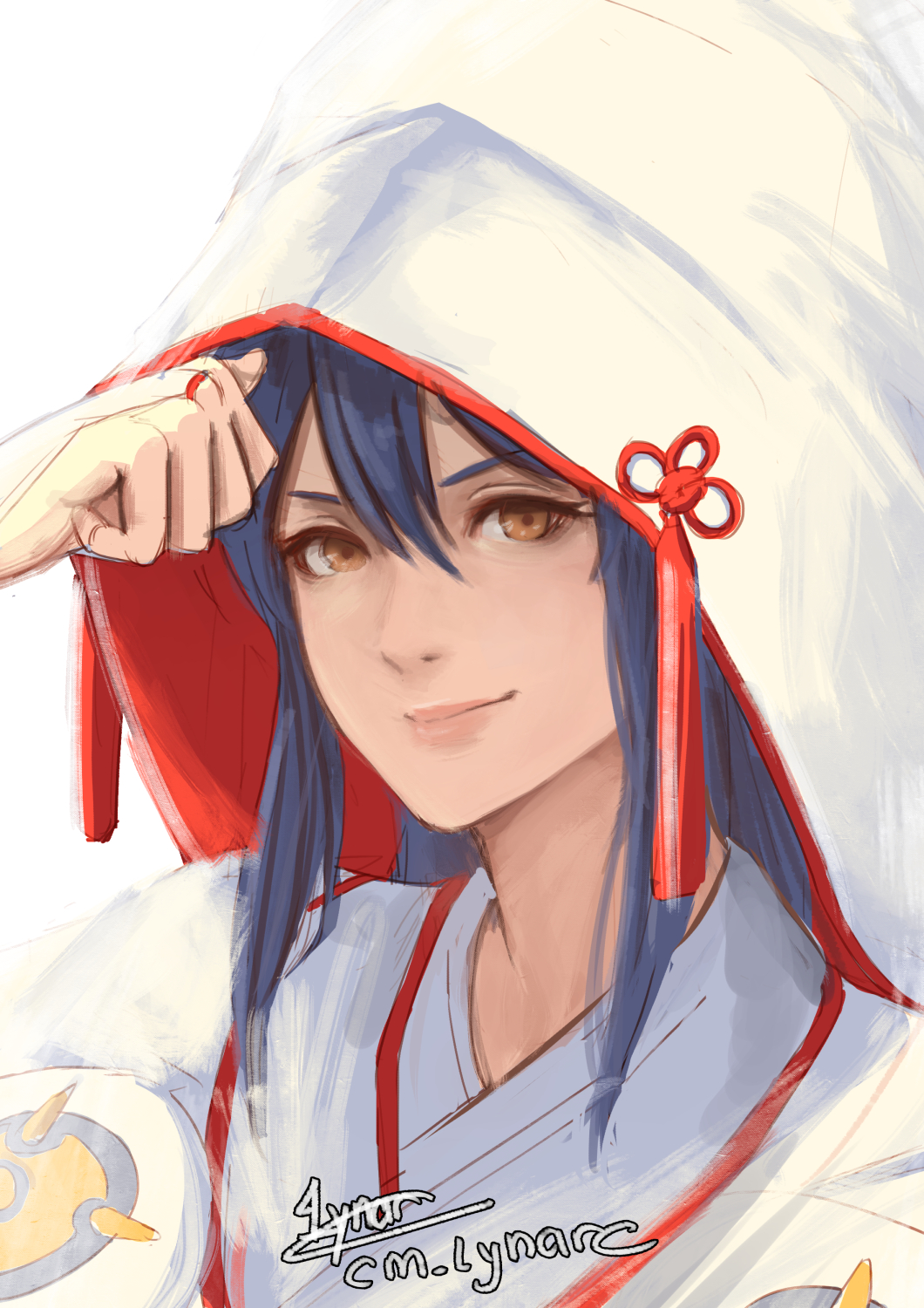 1girl artist_name blue_hair brown_eyes closed_mouth cm_lynarc fire_emblem fire_emblem_fates fire_emblem_heroes hair_between_eyes highres hood hood_up japanese_clothes kimono looking_at_viewer oboro_(bridal)_(fire_emblem) oboro_(fire_emblem) signature smile solo uchikake upper_body white_background