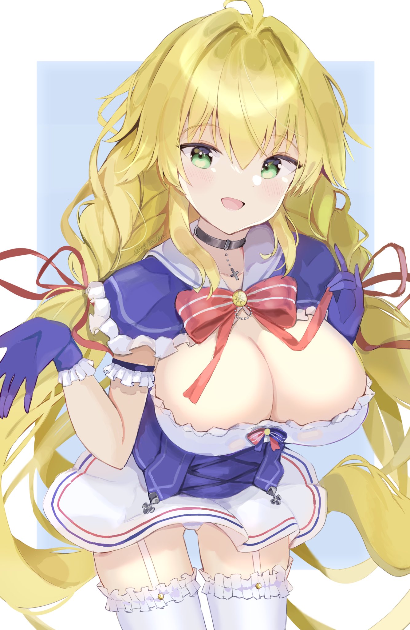 1girl azur_lane blonde_hair blue_background bow braid breasts choker cleavage cowboy_shot cross cross_choker framed_breasts frilled_gloves frilled_thighhighs frills gloves green_eyes hair_ribbon highres kisahipi large_breasts le_temeraire_(azur_lane) long_hair looking_at_viewer miniskirt open_mouth oppai_loli purple_gloves red_bow red_ribbon ribbon simple_background skirt sleeveless solo thighhighs twin_braids two-tone_background very_long_hair white_background white_skirt
