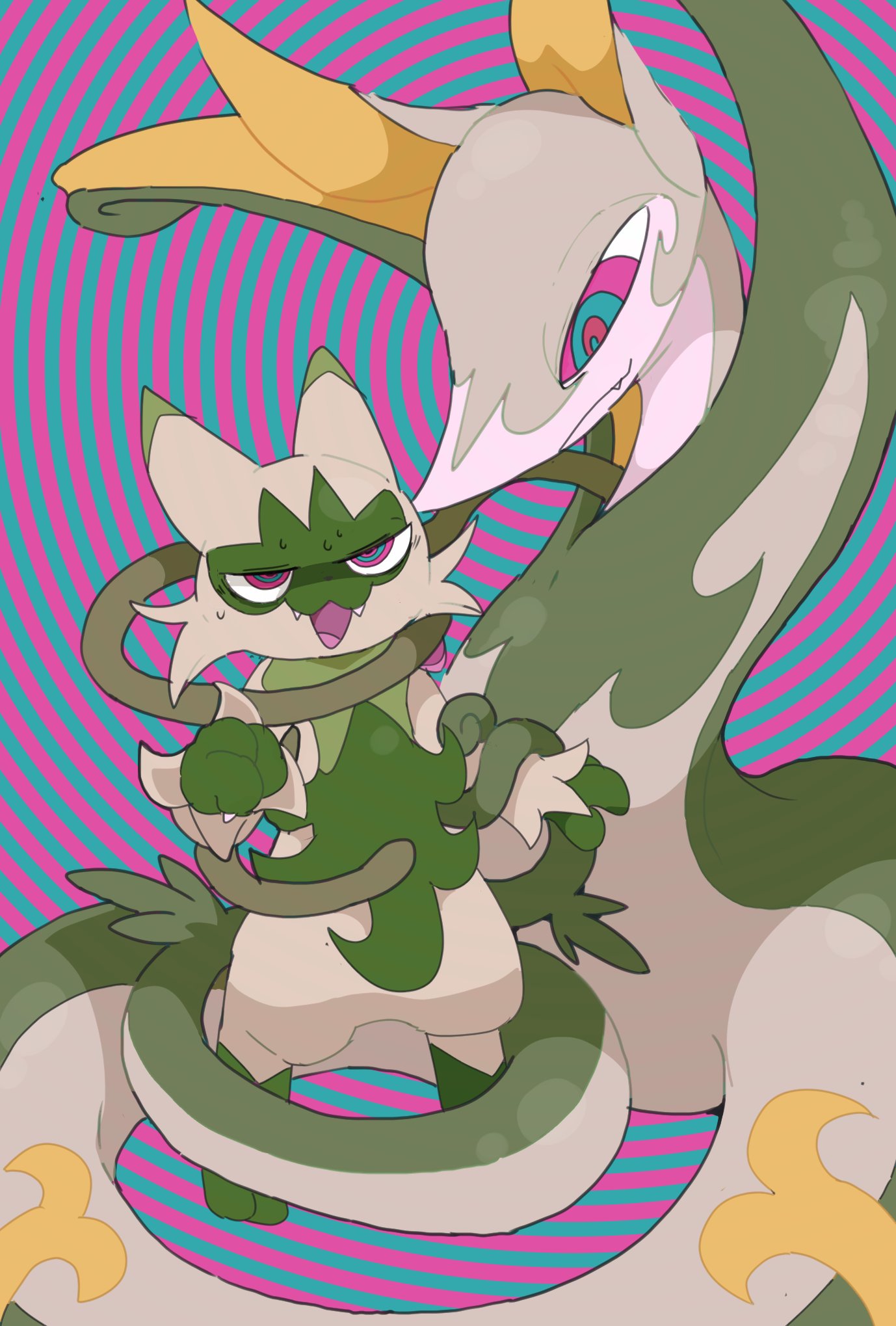 ambiguous_gender bodily_fluids coiling domestic_cat duo felid feline felis feral floragato generation_5_pokemon generation_9_pokemon green_body hi_res hypnosis mammal mind_control nintendo open_mouth pokemon pokemon_(species) reptile scalie serperior snake spiral_eyes sweat winte