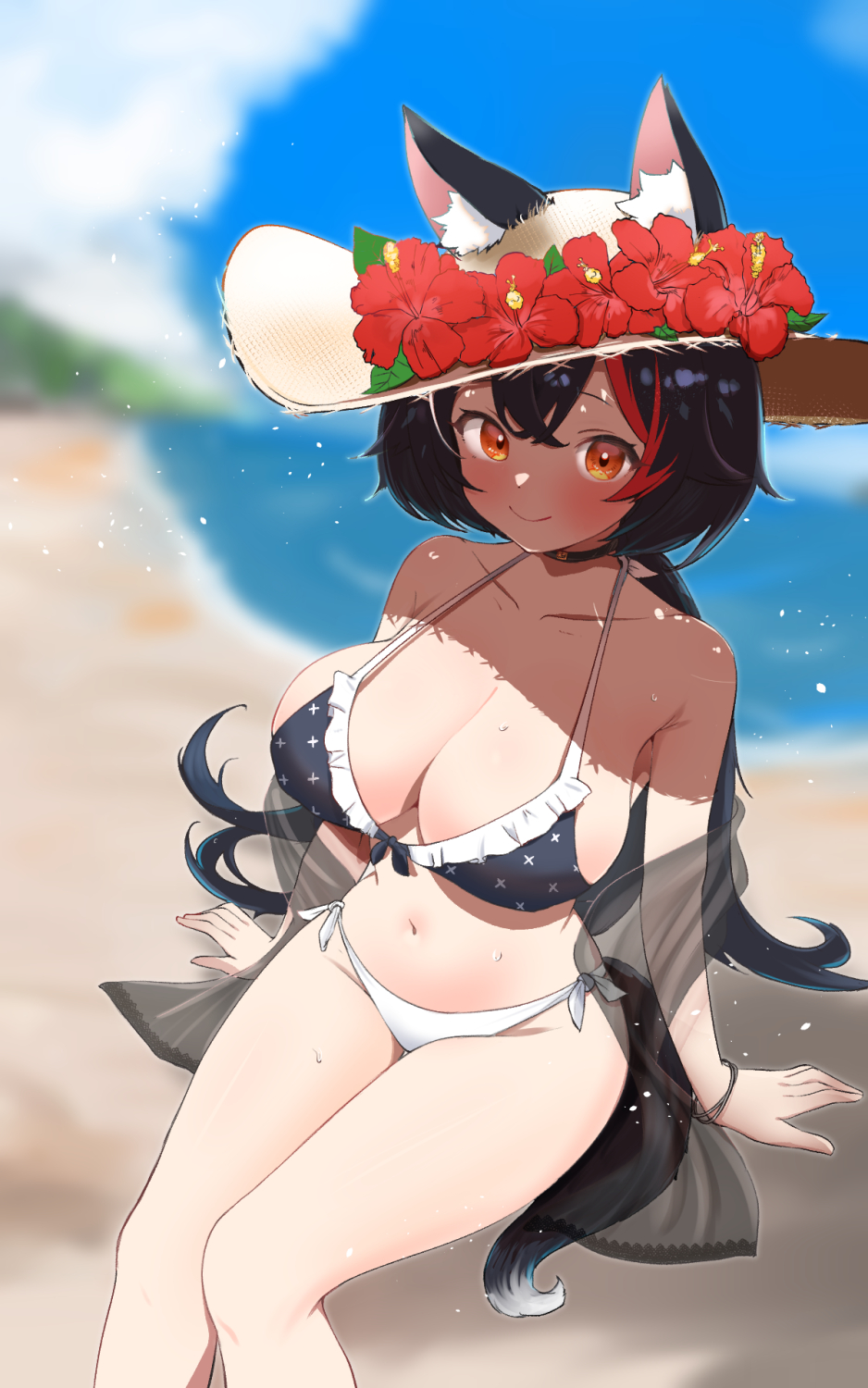 1girl animal_ear_fluff animal_ears armpit_crease beach bikini black_hair blue_sky blush bracelet breasts choker closed_mouth cloud collarbone dot_nose double-parted_bangs flipped_hair hair_between_eyes hat highres hololive jewelry kani_bonara large_breasts long_hair looking_at_viewer low-tied_long_hair mismatched_bikini multicolored_hair navel ocean ookami_mio red_hair sand shawl side-tie_bikini_bottom sky smile solo spiked_hair stomach straw_hat streaked_hair sweat swimsuit tail thighs virtual_youtuber wolf_ears wolf_girl wolf_tail yellow_eyes