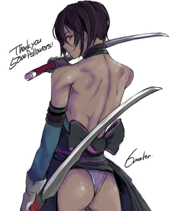 1girl 6maker2 ass back backless_kimono black_hair blue_gloves blue_kimono dual_wielding elbow_gloves english_commentary english_text fundoshi gloves holding holding_sword holding_weapon japanese_clothes kimono looking_at_another looking_at_viewer ninja obi red_eyes reverse_grip samurai_spirits sash shiki_(samurai_spirits) short_hair short_sword signature simple_background sword tantou weapon white_background