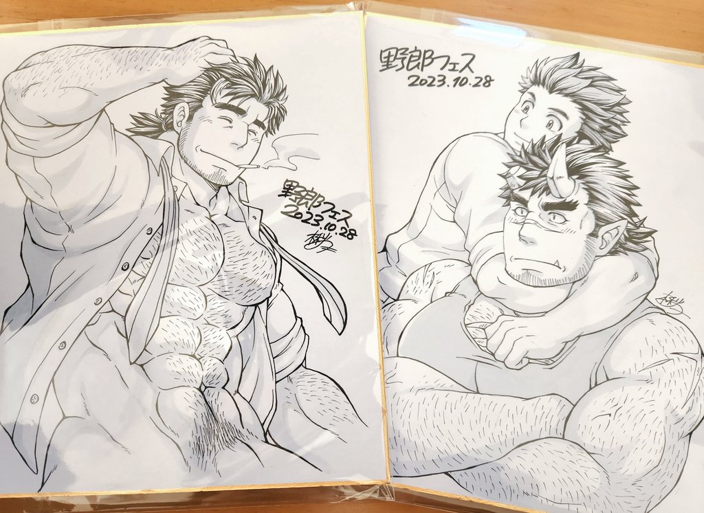 3boys age_difference arm_hair arms_around_neck autumn_yarofes:2023 back_hair bara bare_pectorals beard_stubble bottomless character_request chest_hair crossed_arms dated greyscale hairy hand_in_own_hair large_pectorals looking_ahead looking_at_viewer male_focus male_pubic_hair marker_(medium) mature_male monochrome mononobe_kyoma monster_boy multicolored_hair multiple_boys multiple_shikishi muscular muscular_male navel_hair necktie ogre open_clothes open_shirt orgus_(f-kare) pectorals penis penis_peek photo_(medium) pubic_hair scar scar_on_chest scar_on_face scar_on_nose seductive_smile shikishi short_hair shoukan_yuusha_to_f-kei_kareshi sideburns sideburns_stubble smile streaked_hair sunfight0201 thick_eyebrows tokyo_afterschool_summoners traditional_media tusks undone_necktie yaoi