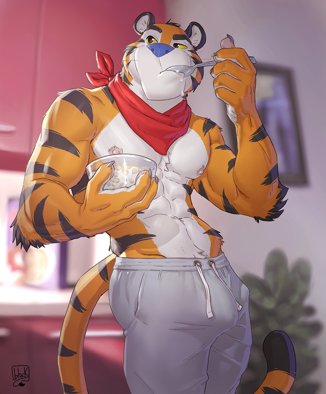 2023 abs anthro areola biceps biped black_body black_fur black_stripes bulge cereal clothed clothing digital_media_(artwork) eating eating_food eyebrows felid food frosted_flakes fur genital_outline hi_res holding_object inside kellogg's kerchief lion21 male mammal mascot milk muscular muscular_anthro muscular_male navel nipples orange_body orange_fur pantherine pecs penis_outline plant pose solo standing striped_body striped_fur stripes sweatpants tail tiger tony_the_tiger topless white_body white_fur yellow_sclera