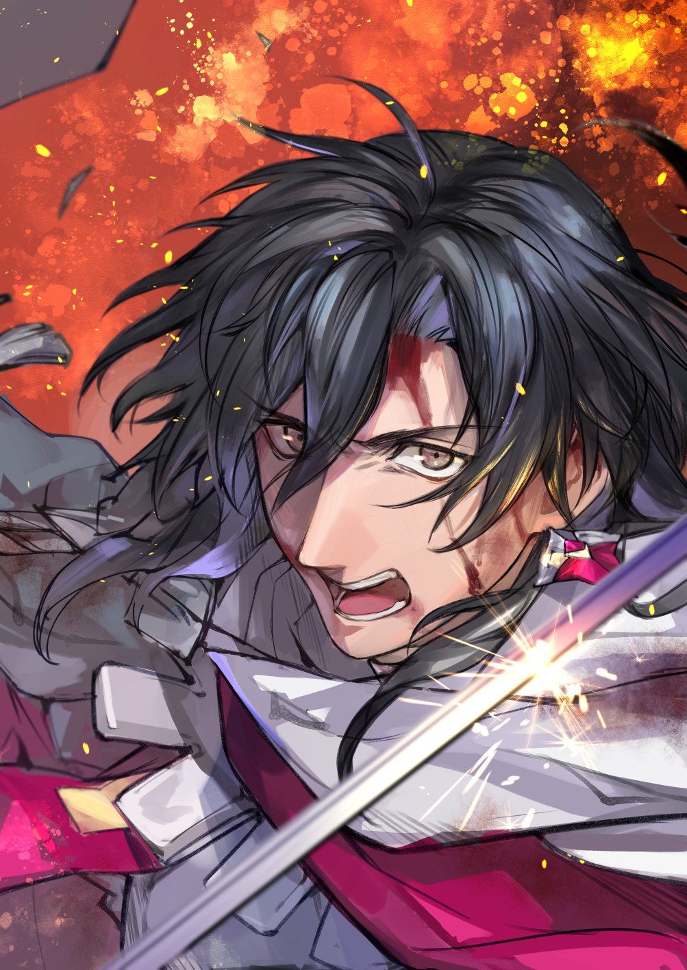 1boy armor black_hair blood blood_on_face blurry cloak constantine_xi_(fate) depth_of_field earrings embers fate/grand_order fate_(series) furrowed_brow grey_eyes hair_between_eyes heki0529 highres jewelry long_hair looking_at_viewer male_focus open_mouth solo sword teeth upper_body weapon white_armor white_cloak