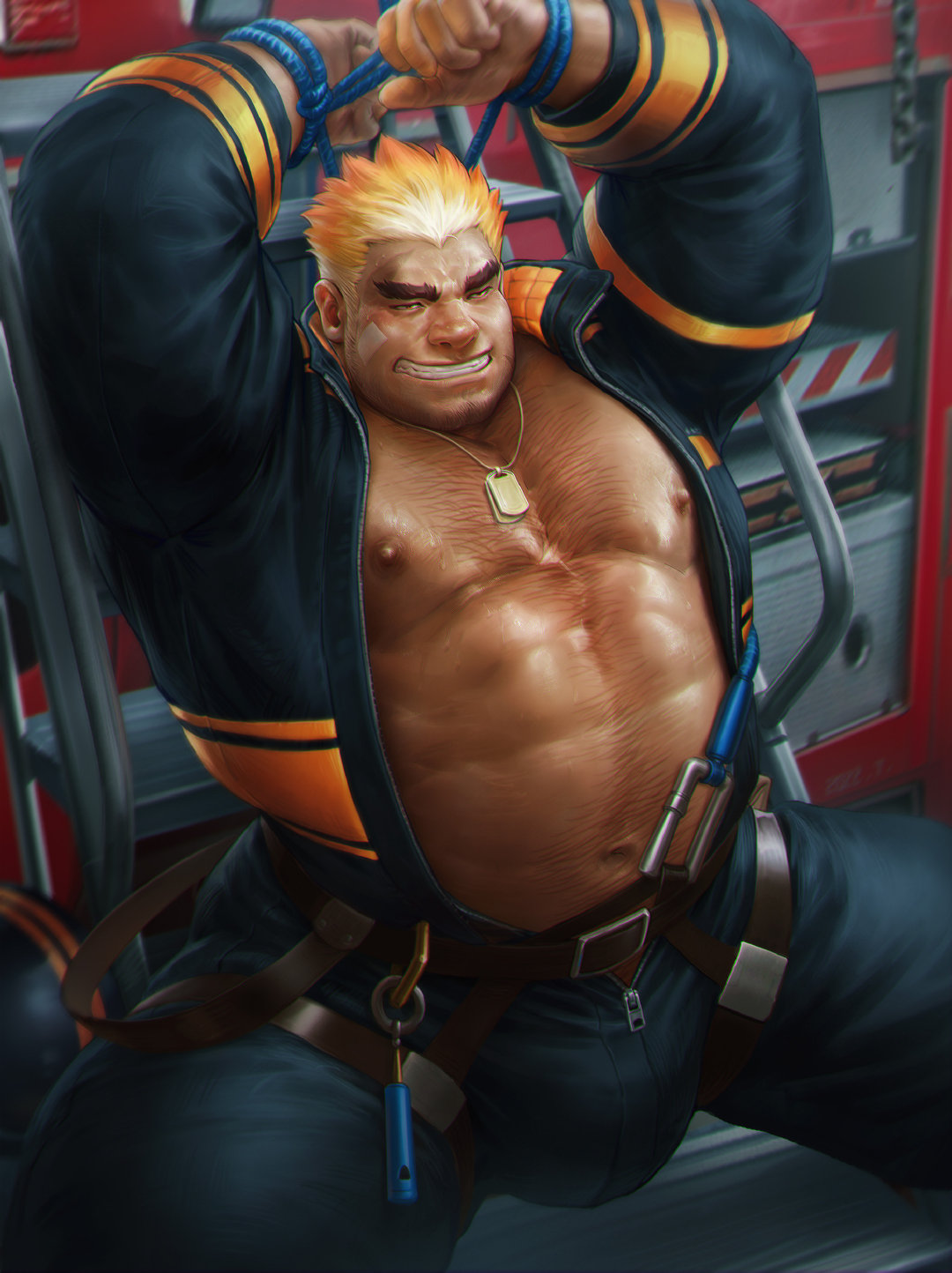 1boy 6suan abs arms_up bad_id bad_weibo_id bandaid bandaid_on_cheek bandaid_on_face bara bare_pectorals bdsm beard big_nose bondage bound bound_wrists bulge chest_hair dark-skinned_male dark_skin dog_tags facial_hair gradient_hair hairy highres jacket large_bulge large_pectorals leg_belt male_focus mature_male multicolored_clothes multicolored_hair multicolored_jacket muscular muscular_male navel navel_hair nipples open_jumpsuit orange_hair pectorals scar scar_on_cheek scar_on_face scar_on_forehead seductive_smile short_hair smile solo stubble thick_eyebrows thick_thighs thighs tokyo_afterschool_summoners two-tone_jacket ulaanbaatar_(housamo) unzipped