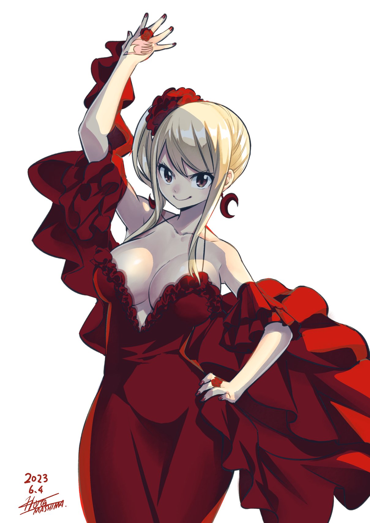 1girl alternate_costume arm_up bare_shoulders blonde_hair breasts cleavage collarbone cowboy_shot dated dress fairy_tail fairy_tail_logo flower hair_flower hair_ornament hand_tattoo highres jewelry large_breasts long_hair lucy_heartfilia mashima_hiro red_dress red_eyes red_flower ring shiny_skin short_sleeves signature simple_background smile solo tattoo white_background