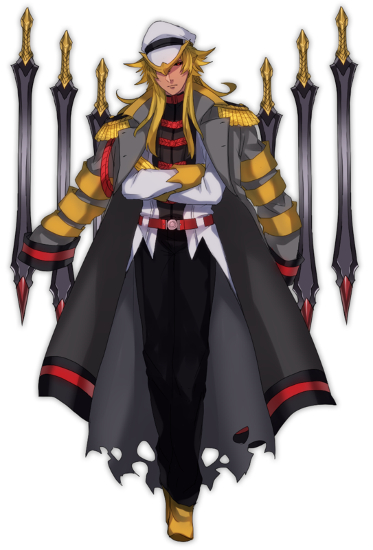 1boy belt black_sclera coat coat_on_shoulders colored_sclera crossed_arms floating floating_object floating_weapon full_body giratina giratina_(origin) gloves grey_coat hat jacket katagiri_hachigou long_hair long_sleeves male_focus peaked_cap personification pokemon red_belt red_eyes simple_background solo sword torn_clothes torn_coat weapon white_background white_headwear white_jacket yellow_gloves