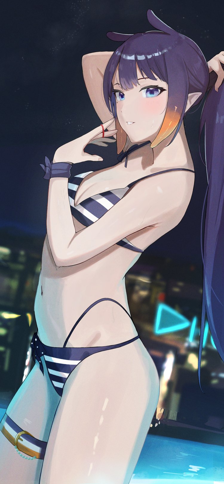 1girl bikini blue_eyes blunt_bangs blush breasts cityscape cleavage commentary english_commentary hair_tie highleg highleg_bikini highres hololive hololive_english ku_roiko layered_bikini long_hair looking_at_viewer mole mole_under_eye multicolored_hair multiple_girls navel night night_sky ninomae_ina'nis open_mouth orange_hair pointy_ears ponytail pool purple_hair sky small_breasts solo stomach striped striped_bikini swimsuit teeth tentacle_hair thigh_strap two-tone_hair tying_hair virtual_youtuber water wet