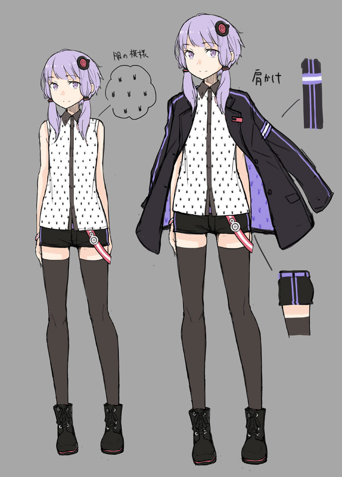 1girl a.i._voice animal_print arms_at_sides ayakura_juu bad_link black_footwear black_jacket black_shorts black_thighhighs boots bracelet closed_mouth collared_shirt commentary_request full_body grey_background hair_ornament jacket jacket_on_shoulders jewelry looking_at_viewer multicolored_clothes multicolored_jacket official_art print_shirt purple_eyes purple_hair purple_jacket rabbit_print reference_sheet second-party_source shirt short_hair_with_long_locks short_shorts shorts simple_background sleeveless sleeveless_shirt smile thighhighs translation_request two-tone_jacket voiceroid white_shirt yuzuki_yukari yuzuki_yukari_(a.i._voice)