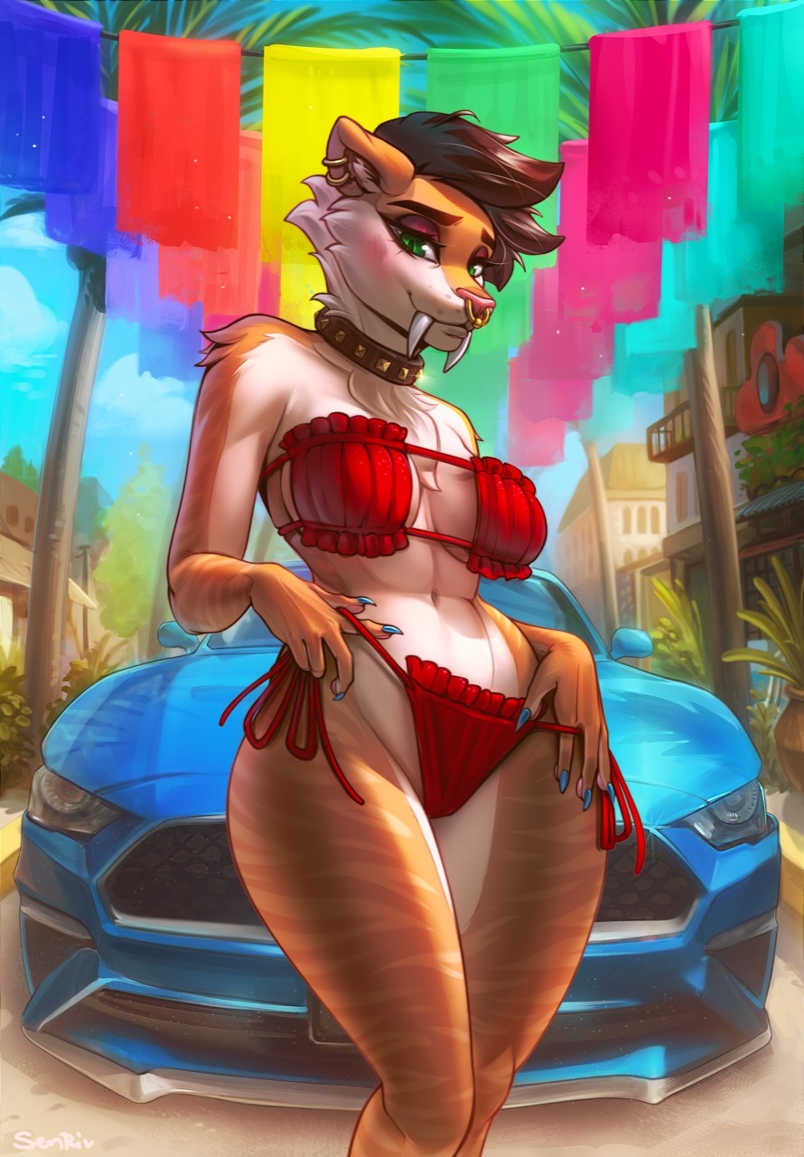 anthro beach bedroom_eyes bikini bikini_aside bikini_bottom bikini_pull bikini_thong bikini_top clothing clothing_aside clothing_pull cute_expression cutie_mark fangs felid female ford ford_mustang fur gesture hair half-closed_eyes hasbro hi_res latina machairodontine mammal mexico my_little_pony narrowed_eyes pantherine pinup pose sabertooth_(anatomy) seaside seductive senriv sexy_eyes short_hair smile spicy striped_body striped_fur stripes suggestive suggestive_gesture summer swimwear swimwear_aside swimwear_pull teeth tiger toofer tropical undressing village