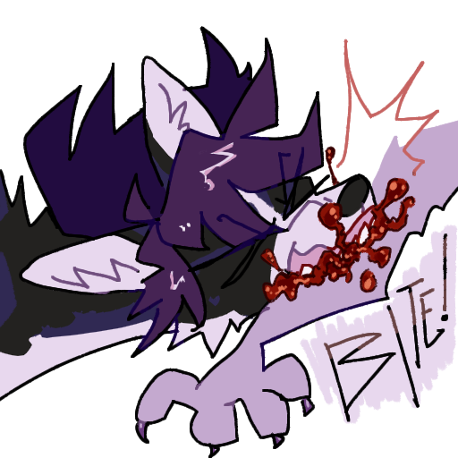 alpha_channel ambiguous_gender arm_bite bite black_body black_fur blood bodily_fluids canid canine feral fur guncht hair headshot_portrait icon mammal portrait purple_hair sad simple_background solo text transparent_background