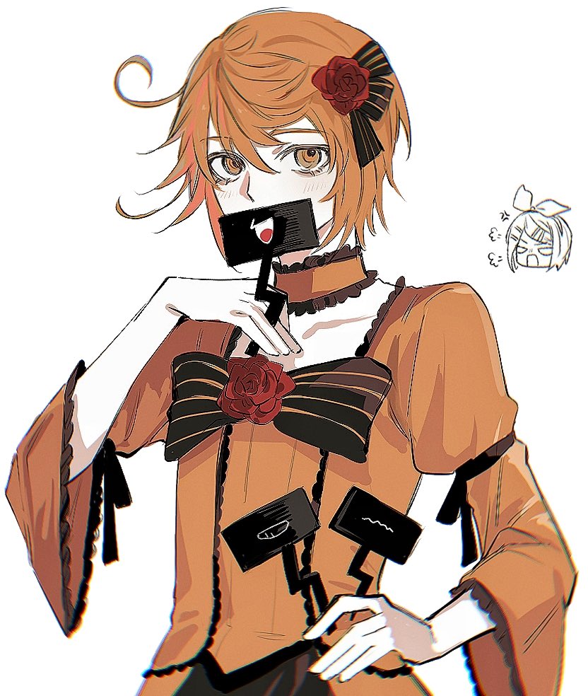 1boy 1girl =3 aku_no_musume_(vocaloid) androgynous bell_sleeves black_bow bow chibi chibi_inset choker cosplay covering_mouth crossdressing dress dress_bow dress_flower flower frilled_choker frills hair_between_eyes hair_flower hair_ornament hand_on_own_hip holding holding_sign kagamine_rin kimi_ga_shine lace-trimmed_dress lace_trim long_sleeves looking_at_viewer male_focus orange_choker orange_dress orange_eyes orange_hair pipoabubu placard red_flower red_rose riliane_lucifen_d'autriche riliane_lucifen_d'autriche_(cosplay) rose scowl short_hair sign simple_background sleeve_garter solo toto_noel upper_body vocaloid white_background