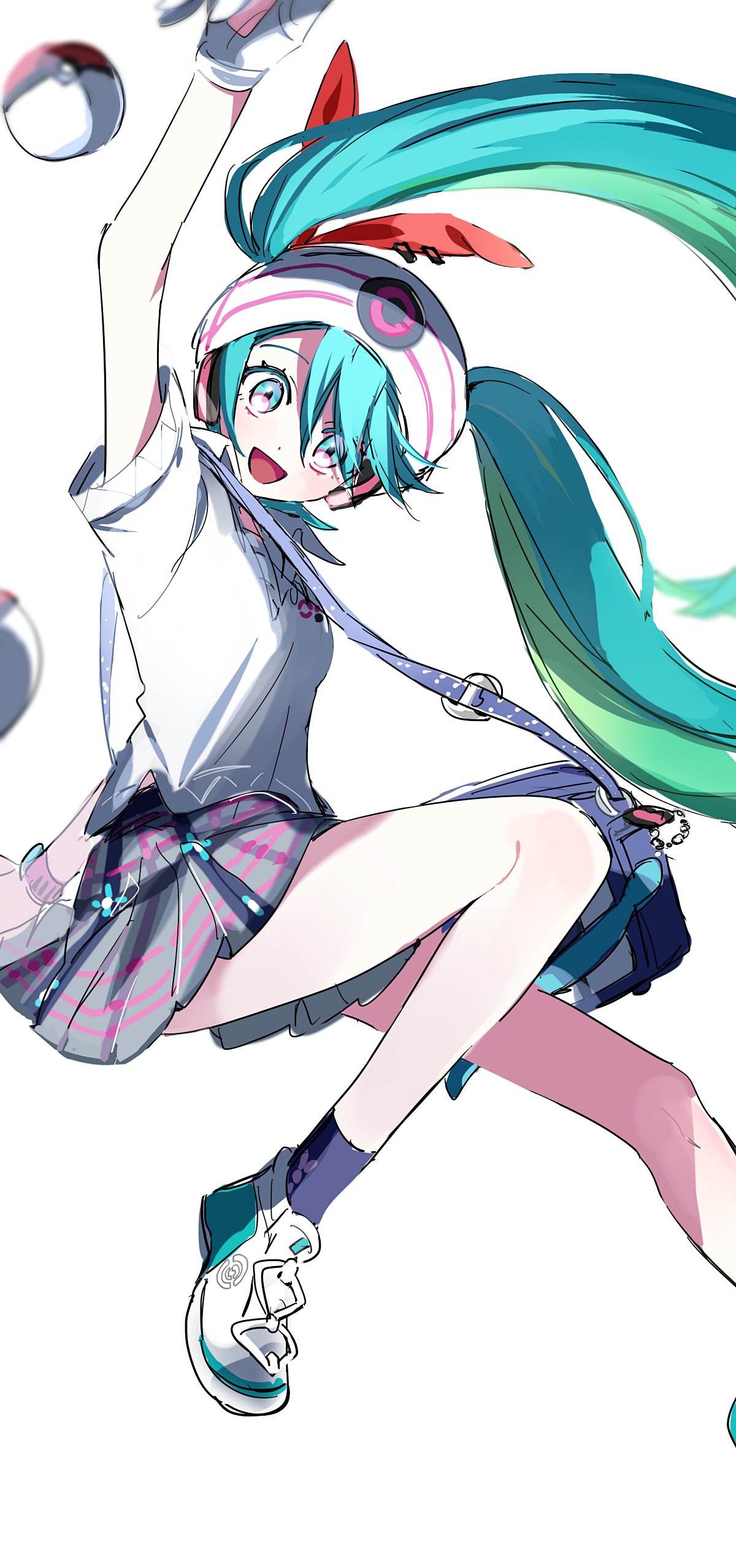 1girl :d absurdres aqua_hair arm_up bag beanie blue_bag blue_eyes collared_shirt gloves green_hair grey_skirt hair_between_eyes hair_ribbon hat hatsune_miku headphones highres long_hair looking_at_viewer multicolored_hair ok_o_o open_mouth plaid plaid_skirt pleated_skirt poke_ball poke_ball_(basic) pokemon polo_shirt project_voltage psychic_miku_(project_voltage) red_ribbon ribbon shirt shoes short_sleeves shoulder_bag simple_background skirt smile sneakers socks solo twintails very_long_hair vocaloid white_background white_footwear white_gloves white_headwear white_shirt