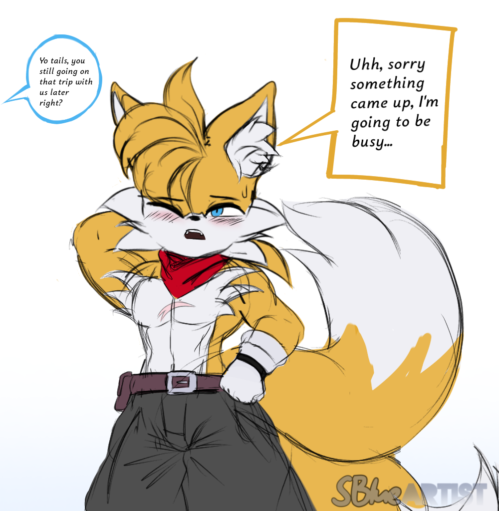 anthro belt blue_eyes blush canid canine clothing dialogue digital_media_(artwork) embarrassed fangs fluffy fluffy_ears fluffy_tail fox fur gloves handwear male mammal miles_prower multicolored_body multicolored_fur one_eye_closed scar sega snowyblue1 solo solo_focus sonic_the_hedgehog_(series) standing tail teeth two_tone_body two_tone_fur watermark white_body white_fur yellow_body yellow_fur