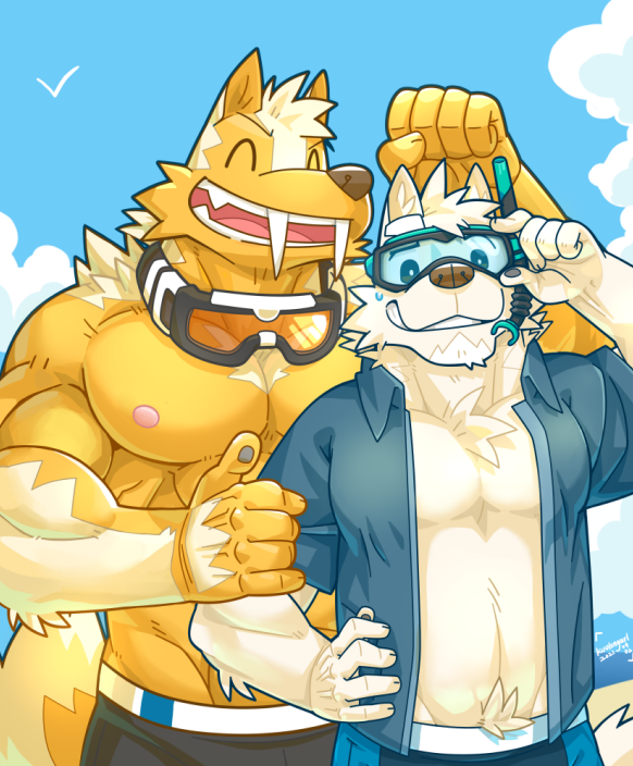 5_fingers abs anthro beach biceps black_bottomwear black_clothing black_shorts blue_clothing blue_jacket blue_sky blue_topwear bottomwear canid canine canis clothing cloud duo eyes_closed fangs fingers fur glass_surface hand_on_arm happy jacket kuulongarl male male_focus mammal midriff muscular muscular_male nipples pecs seaside shirtless_male shorts sky smile teeth topwear white_body white_fur wolf yellow_body yellow_fur