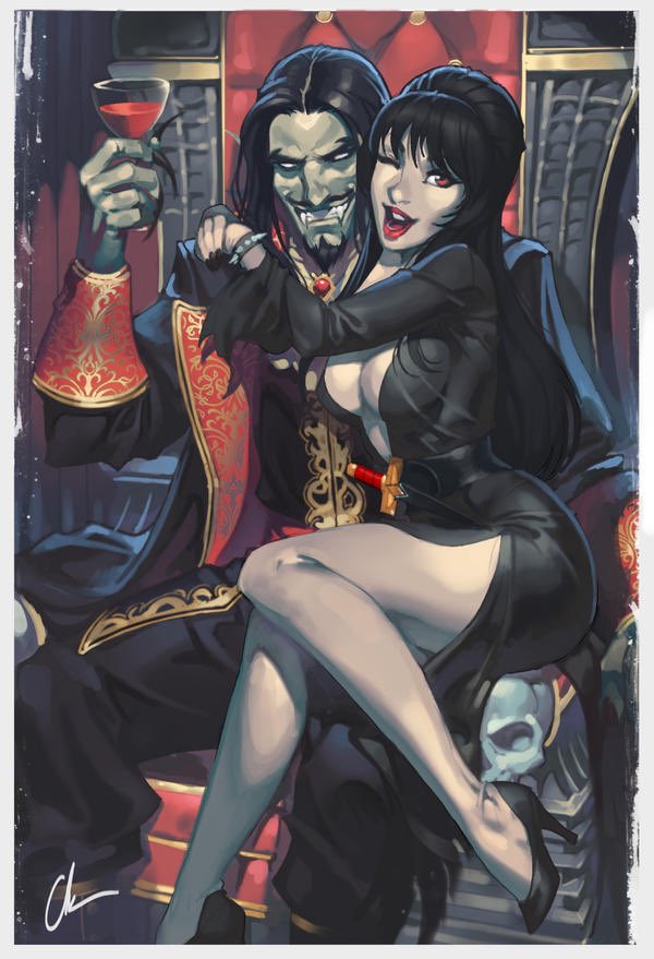 black_hair breasts castlevania chuck_pires cleavage colored_skin crossover dracula_(castlevania) elvira elvira:_mistress_of_the_dark evil_smile facial_hair fangs goatee grey_skin looking_at_viewer mustache pale_skin pointy_ears smile throne vampire