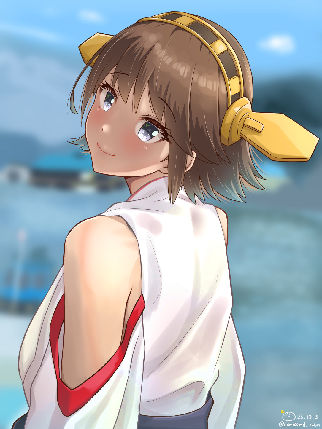 1girl artist_name bare_shoulders black_sash blue_eyes blurry blurry_background bob_cut brown_hair closed_mouth commentary dated depth_of_field detached_sleeves eyelashes flipped_hair from_behind hairband headgear hiei_(kancolle) highres japanese_clothes kantai_collection looking_at_viewer looking_back nontraditional_miko obi ribbon-trimmed_sleeves ribbon_trim robe sash shaft_look shiromaru_(maniado) short_hair signature smile solo twitter_username upper_body white_robe yellow_hairband