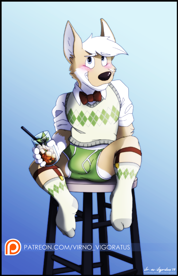 alcohol anthro avery_(vir-no-vigoratus) beverage black_nose blue_background bow_tie briefs bulge canid canine canis clothing cocktail colored_seam_underwear domestic_dog drinking_straw footwear fur furniture garter_belt garter_straps gradient_background green_briefs green_clothing green_eyes green_underwear hair herding_dog ice_cube leaf legwear male mammal necktie open_mouth orange_body orange_fur pastoral_dog pattern_clothing pattern_legwear pattern_socks red_bowtie red_necktie simple_background sitting smile socks solo stool sweater teeth_showing topwear underwear vir-no-vigoratus website_url welsh_corgi white_body white_clothing white_footwear white_fur white_hair white_seam_briefs white_seam_underwear white_socks