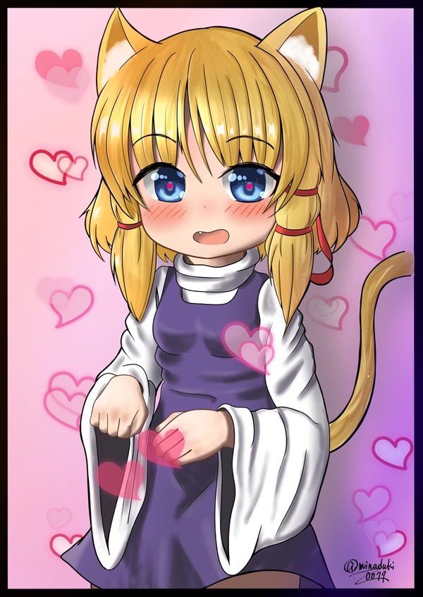 1girl animal_ears black_border blonde_hair blue_eyes blush border cat_ears cat_tail commentary_request heart long_sleeves looking_at_viewer medium_hair moriya_suwako onkona_minazuki open_mouth pink_background purple_vest red_pupils shirt signature solo tail touhou twitter_username vest white_shirt wide_sleeves