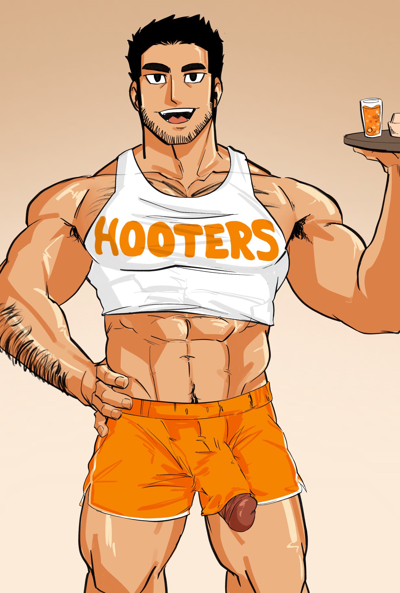 1boy :d alternate_costume arm_hair armpit_hair armpit_hair_peek bara beard_stubble black_hair bluew_(bluewdump) bulge chest_hair_peek clothes_writing clothing_aside cropped_shirt employee_uniform feet_out_of_frame hand_on_own_hip highres holding holding_tray hooters large_pectorals looking_at_viewer lucas_lee male_focus midriff muscular muscular_male orange_shorts pectoral_cleavage pectorals penis_slip scott_pilgrim_takes_off shirt short_hair short_shorts shorts shorts_aside smile solo straight-on tank_top thick_eyebrows tight_clothes tight_shirt tray uncensored uniform waiter white_tank_top