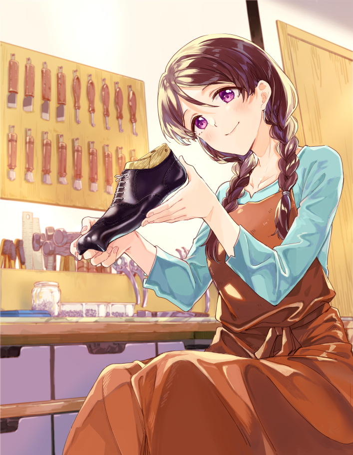 1girl apron black_footwear blue_shirt braid brown_apron brown_hair character_request closed_mouth collarbone commentary_request door hair_between_eyes hair_over_shoulder hands_up head_tilt holding holding_clothes holding_footwear holding_shoes indoors kutsu_no_muku_mama long_sleeves low_twintails miyabi_akino purple_eyes shirt shoes shoes_removed sitting smile solo twin_braids twintails
