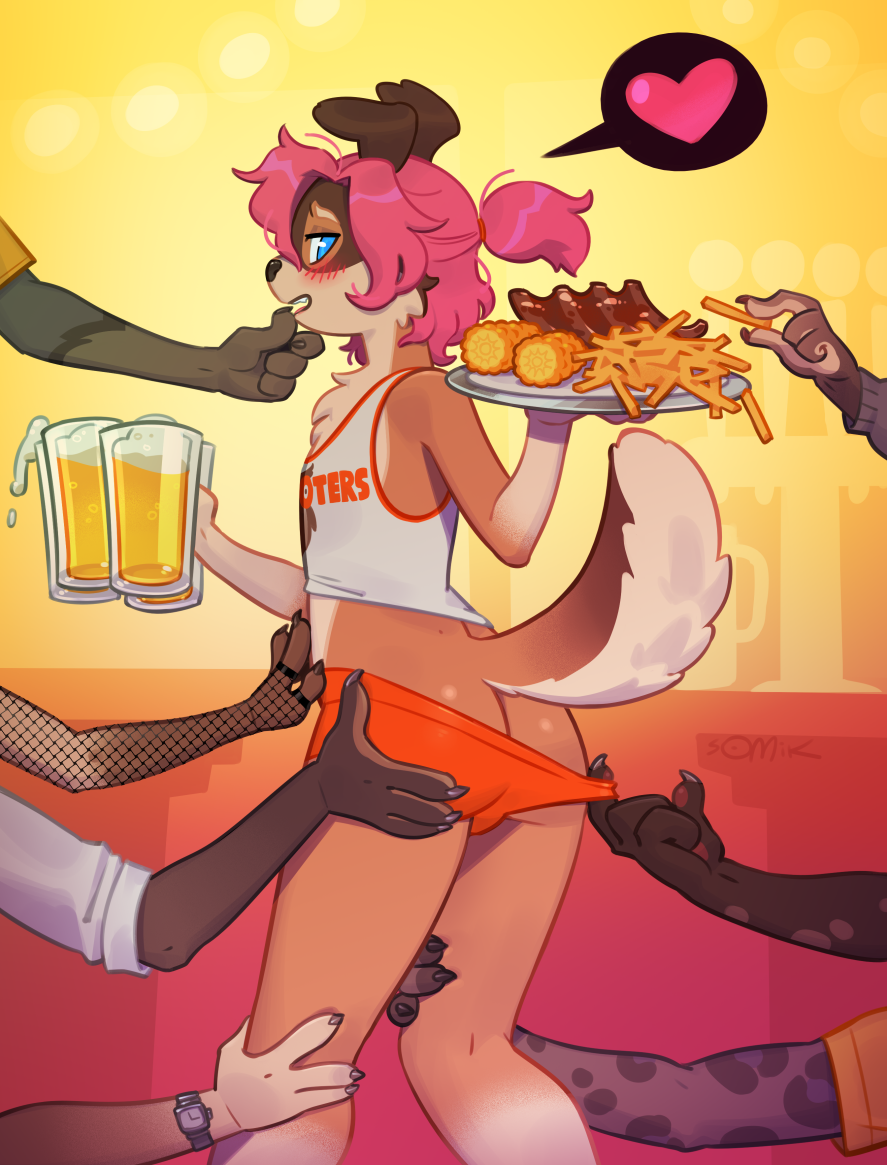 2023 alcohol anthro beer beverage biped black_nose blush blush_lines bottomwear bottomwear_pull butt canid canine canis chest_tuft claws clothed clothing clothing_pull corn countershade_face countershade_tail countershade_torso countershading domestic_dog english_text eyebrows femboy_hooters floppy_ears food fries girly group hair hand_on_butt hand_on_chin hand_on_leg hand_on_stomach holding_fries holding_mug holding_object holding_tray hooters_uniform inside looking_back male male_focus mammal mostly_offscreen_character mug multicolored_body partially_clothed pink_hair plant ponytail public ribs_(food) shirt shorts shorts_pull side_view solo_focus somik standing tail tan_body tank_top teeth text text_on_clothing text_on_shirt text_on_tank_top text_on_topwear topwear tuft two_tone_body undressing val_(scottyboy76567) waiter white_body white_bottomwear white_clothing white_shorts