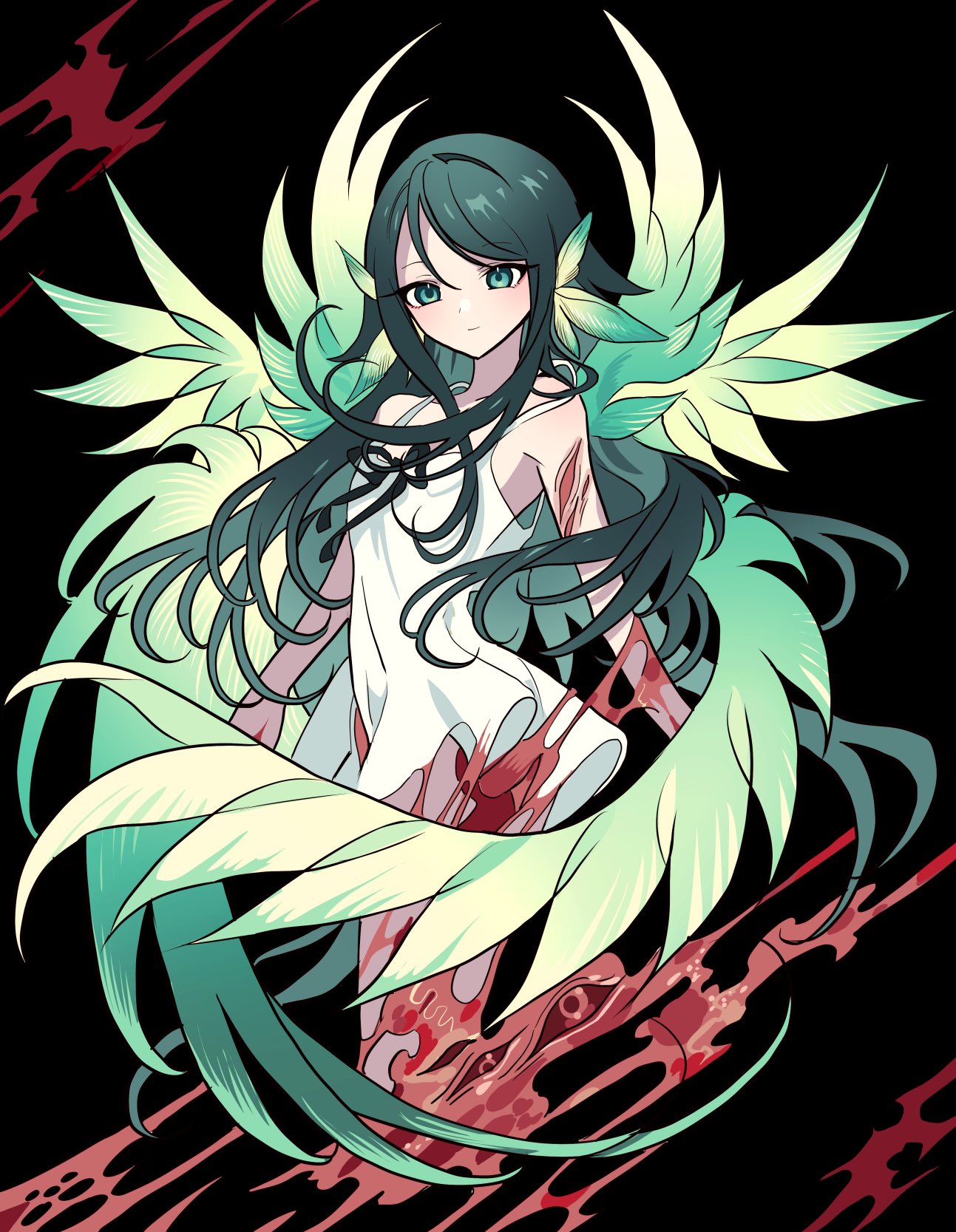 1girl armpits black_background blood cropped_legs dress entrails flipped_hair green_eyes green_hair green_wings hair_wings highres light_frown long_hair looking_at_viewer meremero organs outstretched_arms saya_(saya_no_uta) saya_no_uta simple_background solo spread_arms sundress torn_skin white_dress wings