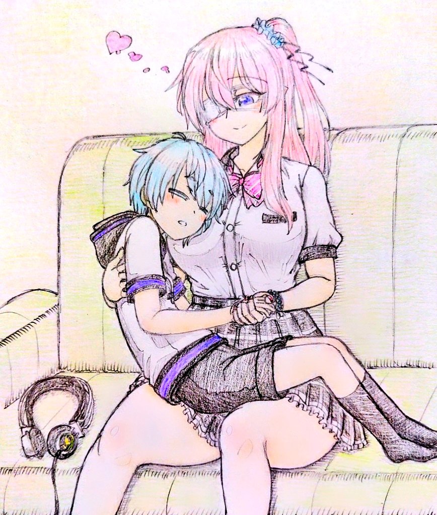 1boy 1girl age_difference black_socks blue_hair borrowed_character breasts cleavage closed_eyes colored_pencil_(medium) commentary_request couch cuddling eyepatch headphones heart hetero holding_hands hood hoodie leaning_on_person nei_akutsu onee-shota original p-man-daikaku pink_hair resting short_hair short_sleeves shorts simple_background sitting skirt sleeping sleeping_on_person smile socks souta_kandori traditional_media