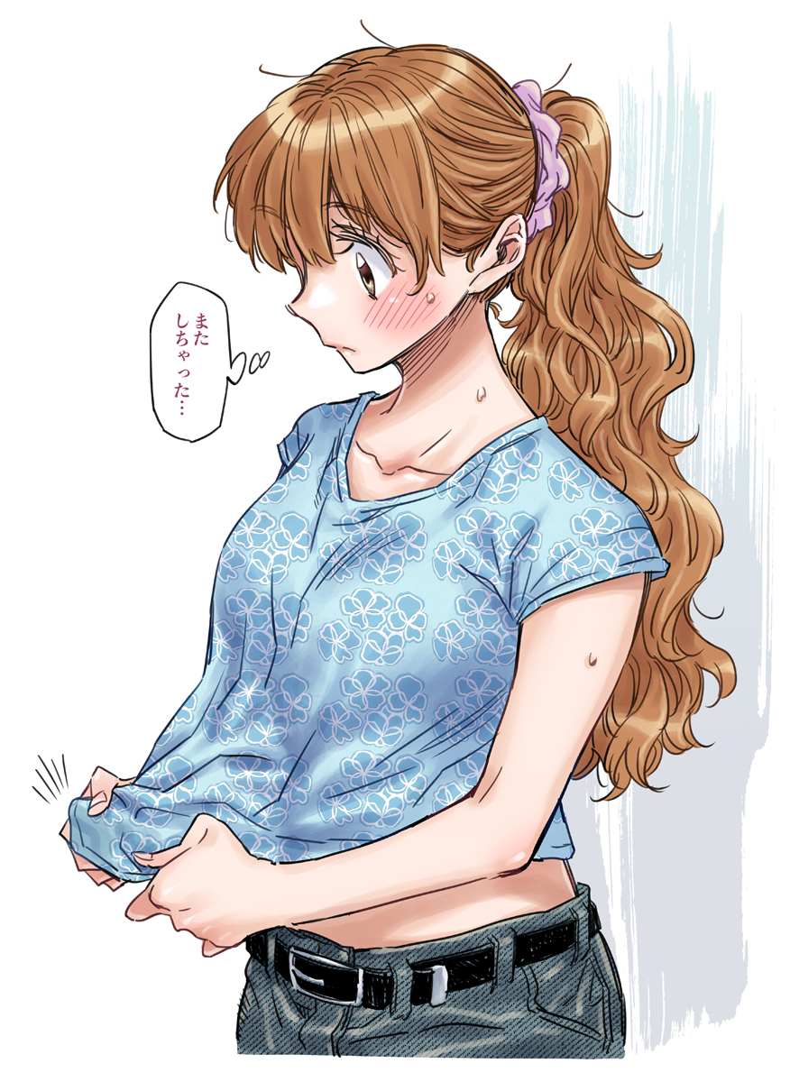 1girl belt_buckle blue_shirt blush breasts buckle collarbone commentary_request floral_print hair_ornament hair_scrunchie highres idolmaster idolmaster_cinderella_girls large_breasts looking_down moroboshi_kirari orange_hair ponytail profile scrunchie shirt shirt_hold short_sleeves silhouette solo stain sweatdrop takanashi_ringo thought_bubble translation_request upper_body wavy_hair