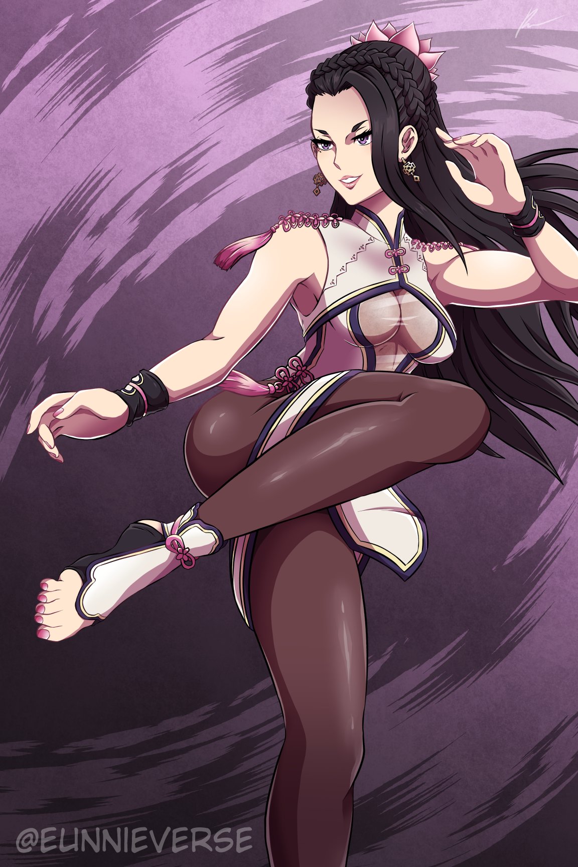 1girl barefoot black_hair breasts chinese_clothes dress earrings eunnieverse fighting_stance flower hair_flower hair_ornament highres jewelry large_breasts lipstick long_hair luong makeup mole mole_under_eye pantyhose purple_eyes solo the_king_of_fighters the_king_of_fighters_xv