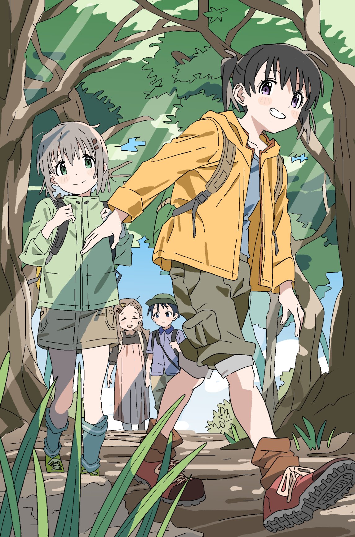 4girls aoba_kokona backpack bag baseball_cap black_hair blue_sky blush braid braided_bangs brown_hair cargo_shorts collared_shirt flask00 grass green_bag green_eyes green_jacket grey_hair grin hair_ornament hairclip hat highres hiking jacket kuraue_hinata kurosaki_honoka looking_at_viewer loose_socks multiple_girls outdoors purple_eyes red_footwear shirt short_hair short_twintails shorts sky smile socks tree tree_shade twintails walking yama_no_susume yellow_jacket yukimura_aoi