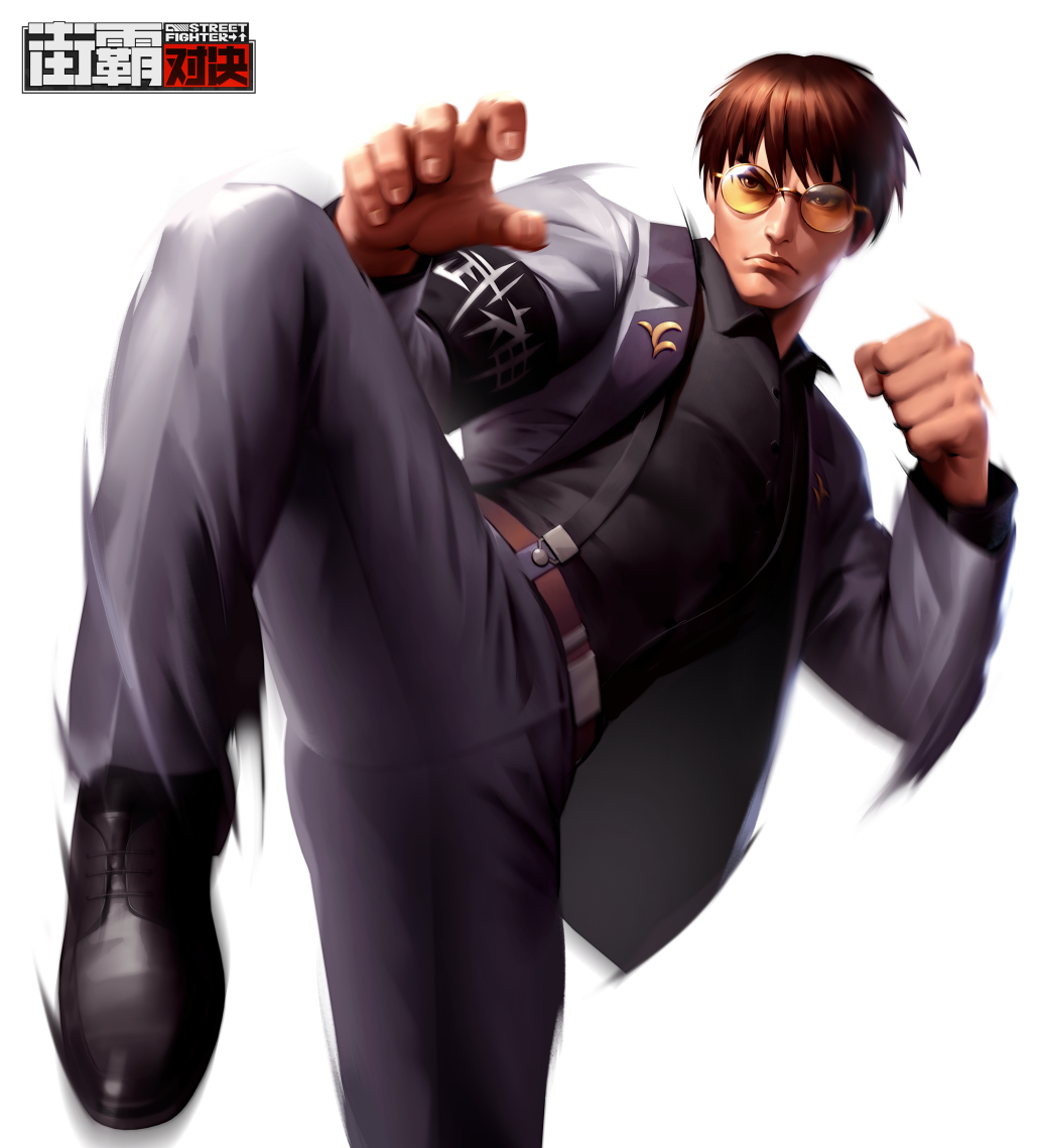 bad_source belt business_suit clenched_hand guy_(final_fight) knee_up logo serious short_hair street_fighter street_fighter:_duel suit suspenders tinted_eyewear yellow-tinted_eyewear