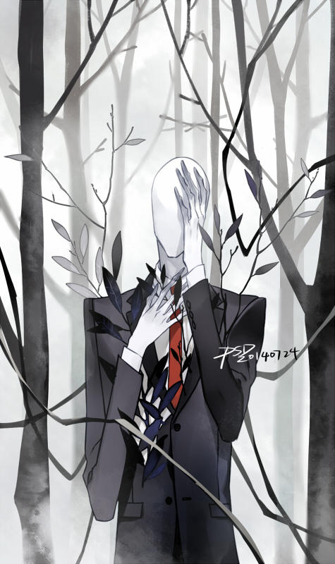 1boy black_suit creepypasta faceless faceless_male formal hand_on_own_chest hand_on_own_face leaf necktie pale_skin psd_(psdgai) red_necktie simple_background slender_man solo suit tall tall_male