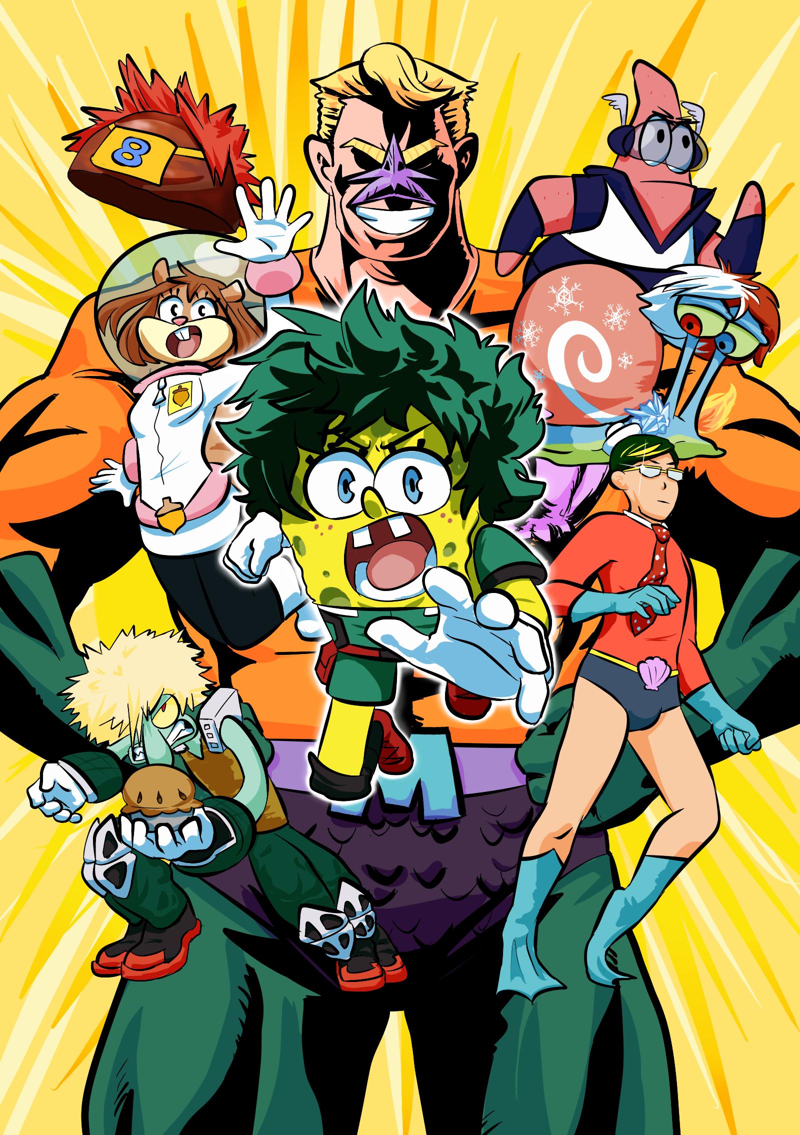 all_might bakugou_katsuki barnacle_boy blonde_hair blue_eyes boku_no_hero_academia buck_teeth cowboy_shot derivative_work food full_body gary_(spongebob_squarepants) hands_on_hips highres iida_tenya jumjamz kirishima_eijirou mermaid_man midoriya_izuku muscular muscular_male patrick_star pie rock sandy_cheeks sir_nighteye spongebob_squarepants spongebob_squarepants_(character) squidward_tentacles teeth todoroki_shouto uraraka_ochako