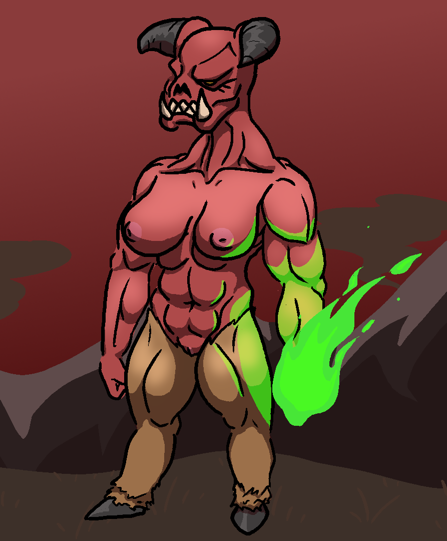 baron_of_hell degeneroid demon doom_(series) female fire genitals hooves horn id_software inverted_nipples muscular muscular_female nipples nude pussy red_body red_skin solo standing