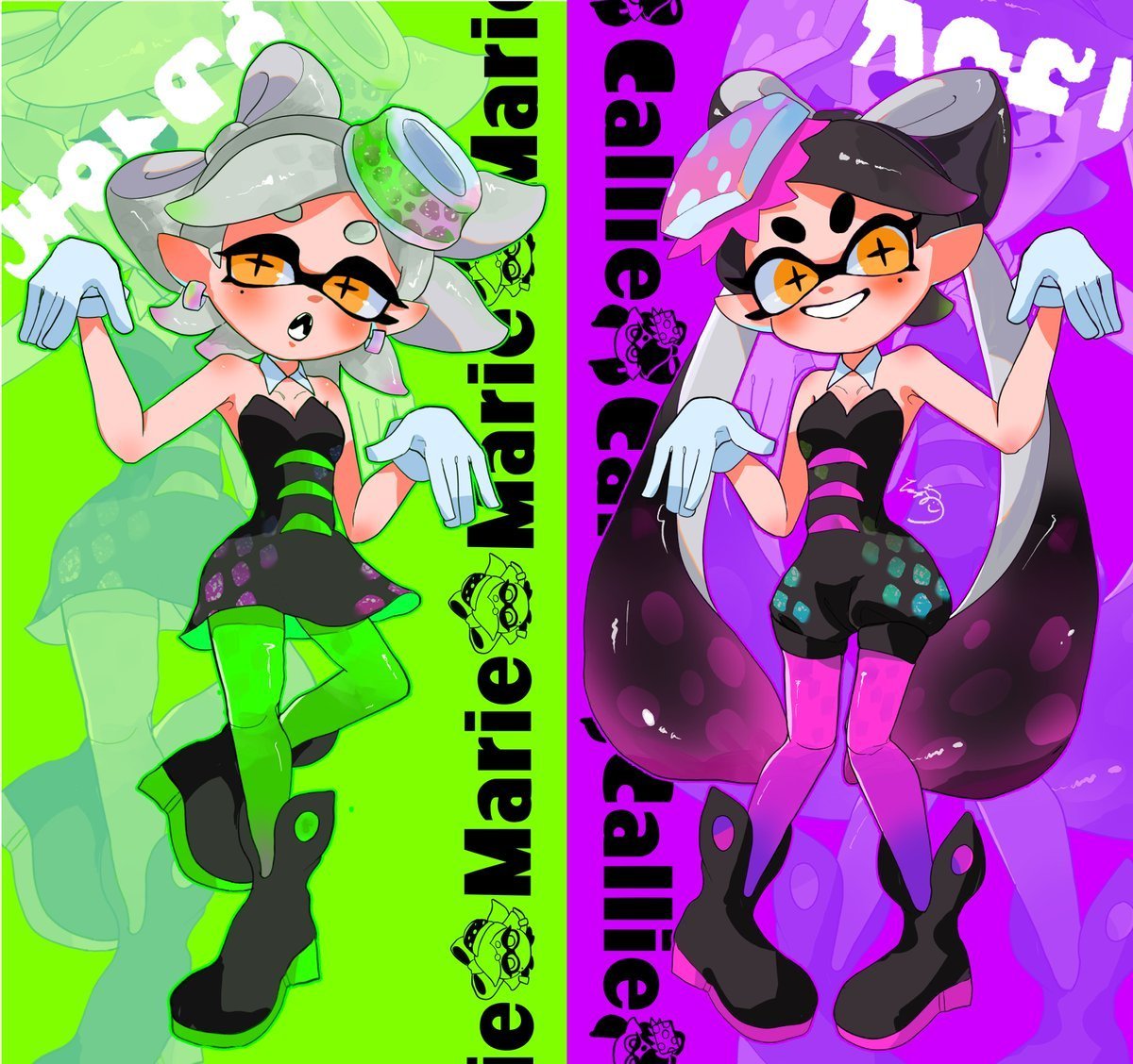 2girls bare_shoulders black_footwear black_hair bow-shaped_hair callie_(splatoon) commentary_request cousins cross-shaped_pupils detached_collar food food_on_hair gloves gradient_hair green_background green_hair green_pantyhose long_hair manmen_mi marie_(splatoon) mole mole_under_eye multicolored_hair multiple_girls pantyhose pink_hair pink_pantyhose purple_background smile splatoon_(series) splatoon_1 sushi symbol-shaped_pupils teeth two-tone_hair white_gloves white_hair yellow_eyes