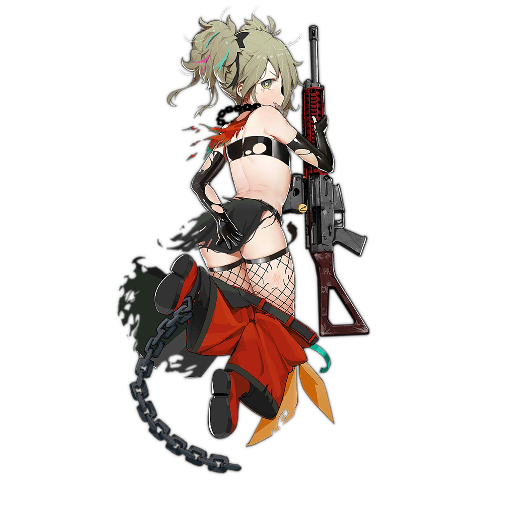 1girl ahoge animal_print ass assault_rifle back bandana bare_shoulders belt black_gloves black_panties black_pants black_tube_top boots breasts chain chain_necklace chained collar colored_shoe_soles covering covering_ass fingerless_gloves fishnet_thighhighs fishnets from_behind full_body girls'_frontline gloves green_eyes grey_hair gun gun_decal hair_over_one_eye holding holding_gun holding_weapon jewelry llama_print looking_at_viewer looking_back multicolored_hair multiple_belts necklace official_art orange_bandana panties pants red_footwear rifle shoe_soles short_hair short_twintails sig-556_(girls'_frontline) sig_sauer_556 simple_background single_fingerless_glove skindentation small_breasts smile solo strapless streaked_hair tears thighhighs tongue tongue_out torn_cloth torn_clothes torn_gloves torn_pants torn_thighhighs torn_tube_top transparent_background tube_top twintails underwear waterkuma weapon x_x