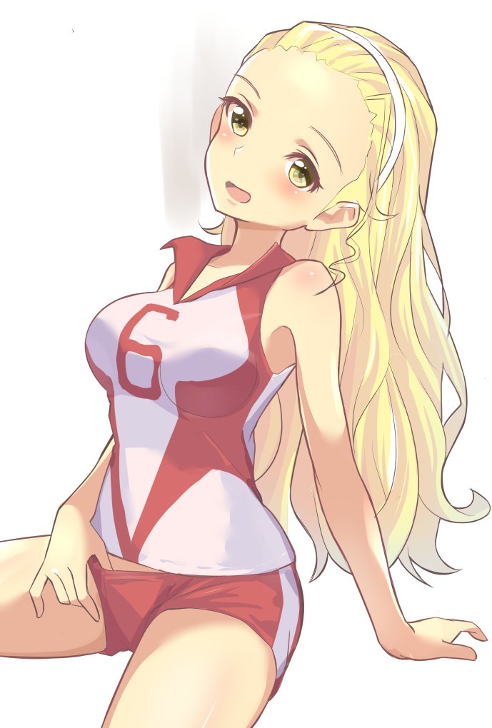 1022_deadly 1girl blonde_hair breasts brown_eyes clothes_pull forehead girls_und_panzer hairband large_breasts long_hair looking_at_viewer open_mouth pulled_by_self red_shorts sasaki_akebi shirt short_shorts shorts shorts_pull sitting smile solo sportswear thighs volleyball_uniform white_shirt