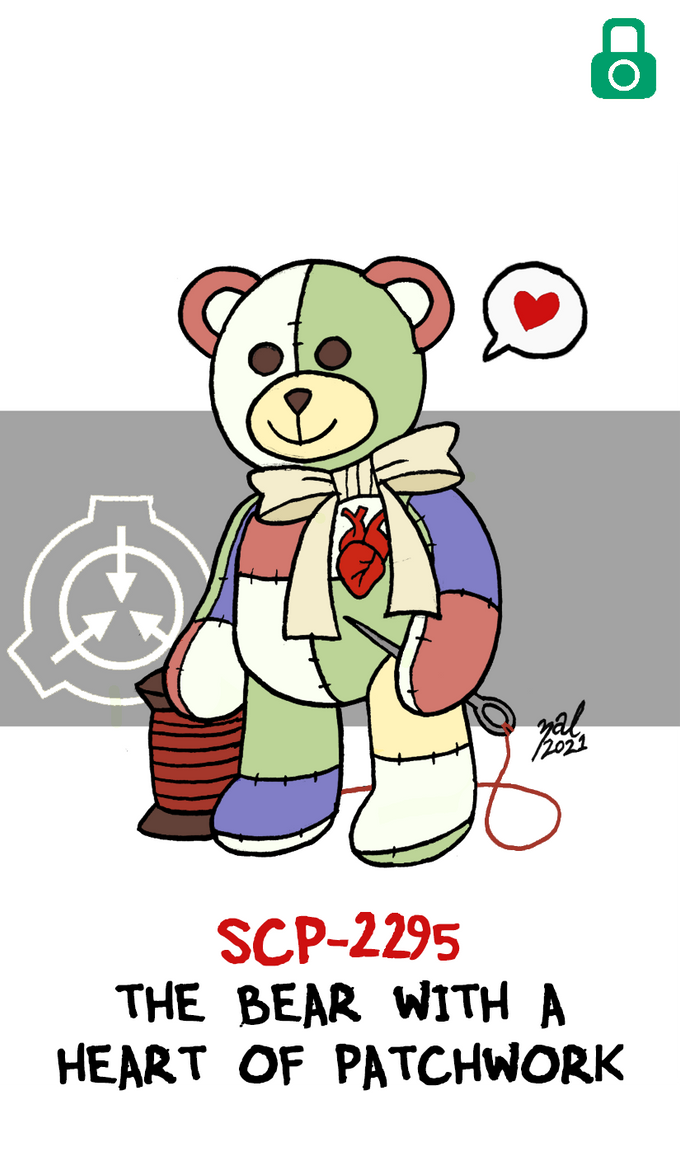2021 ambiguous_gender animate_inanimate anthro biped black_text bow_tie brown_eyes brown_nose character_name closed_smile colored dated digital_drawing_(artwork) digital_media_(artwork) english_text fabric front_view full-length_portrait green_lock_symbol heart_(organ) heart_pin holding_sewing_needle living_plushie living_toy lock_symbol logo mouth_closed multicolored_body organs patch_(fabric) pin_accessory plushie portrait red_heart red_text round_ears scp-2295 scp_foundation seam_(sewing) sewing_needle signature simple_background smile solo speech_bubble spool standing teddy_bear teddy_bear_(species) text white_background zal-cryptid