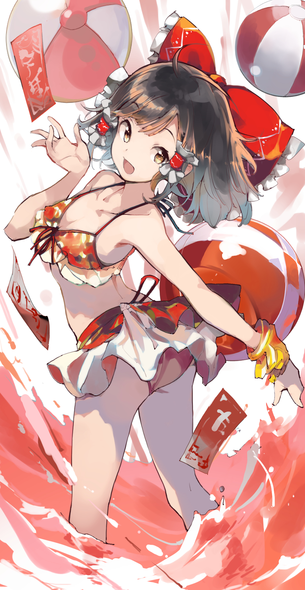 1girl :d ahoge alternate_costume armpit_peek asakura_maru ass bad_anatomy ball bare_legs beachball bikini bow breasts brown_eyes brown_hair collarbone commentary_request frilled_bow frilled_hair_tubes frills hair_bow hair_tubes hakurei_reimu hand_up happy highres legs_apart long_hair looking_at_viewer looking_back medium_breasts ofuda open_mouth red_bikini red_bow simple_background single_bare_arm smile solo splashing standing swept_bangs swimsuit touhou twisted_torso wading white_background wrist_cuffs