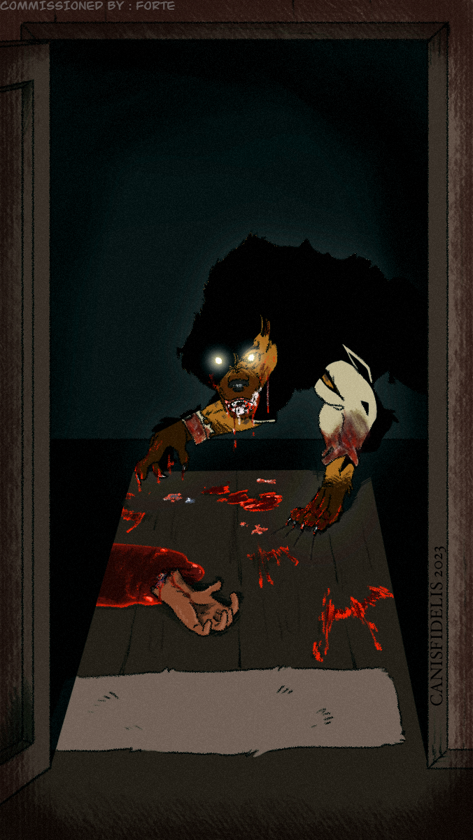 2023 all_fours alternate_version_at_source anthro biped black_markings blood bodily_fluids brown_body canisfidelis claw_marks claws clothed clothing drooling facial_markings gloves_(marking) glowing glowing_eyes gnoll gore head_markings hi_res horror_(theme) hyena looking_at_viewer male mammal markings muzzle_(marking) open_mouth saliva severed_hand shirt snout snout_markings solo teeth topwear torn_clothing white_clothing white_eyes white_shirt white_topwear