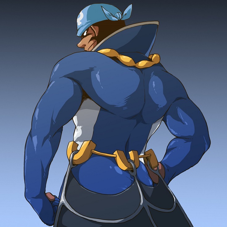 1boy archie_(pokemon) ass bandana bara blue_bandana blue_bodysuit bodysuit dark-skinned_male dark_skin feet_out_of_frame from_behind hands_on_own_hips looking_at_viewer looking_back male_focus muscular muscular_male otsukimi pokemon pokemon_(game) pokemon_oras simple_background smile smirk solo team_aqua
